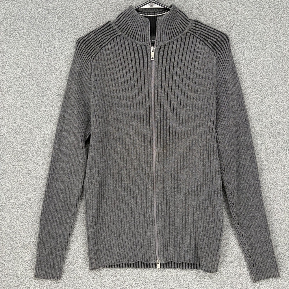 DKNY Jeans Mens Medium Gray Full Zip Ribbed Cotton Mock Neck Cardigan Sweater